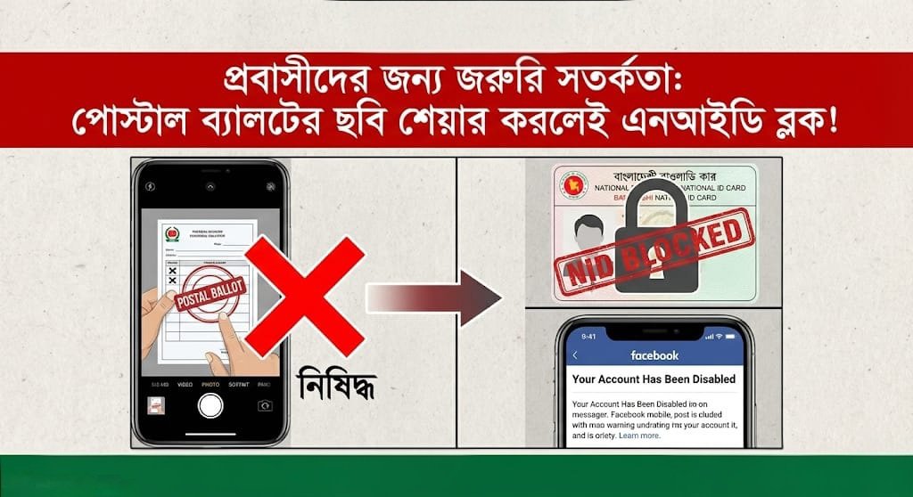 প্রবাসীদের জন্য জরুরি সতর্কতা: পোস্টাল ব্যালটে ভোটদানের ছবি-ভিডিও শেয়ার করলেই এনআইডি ব্লক!