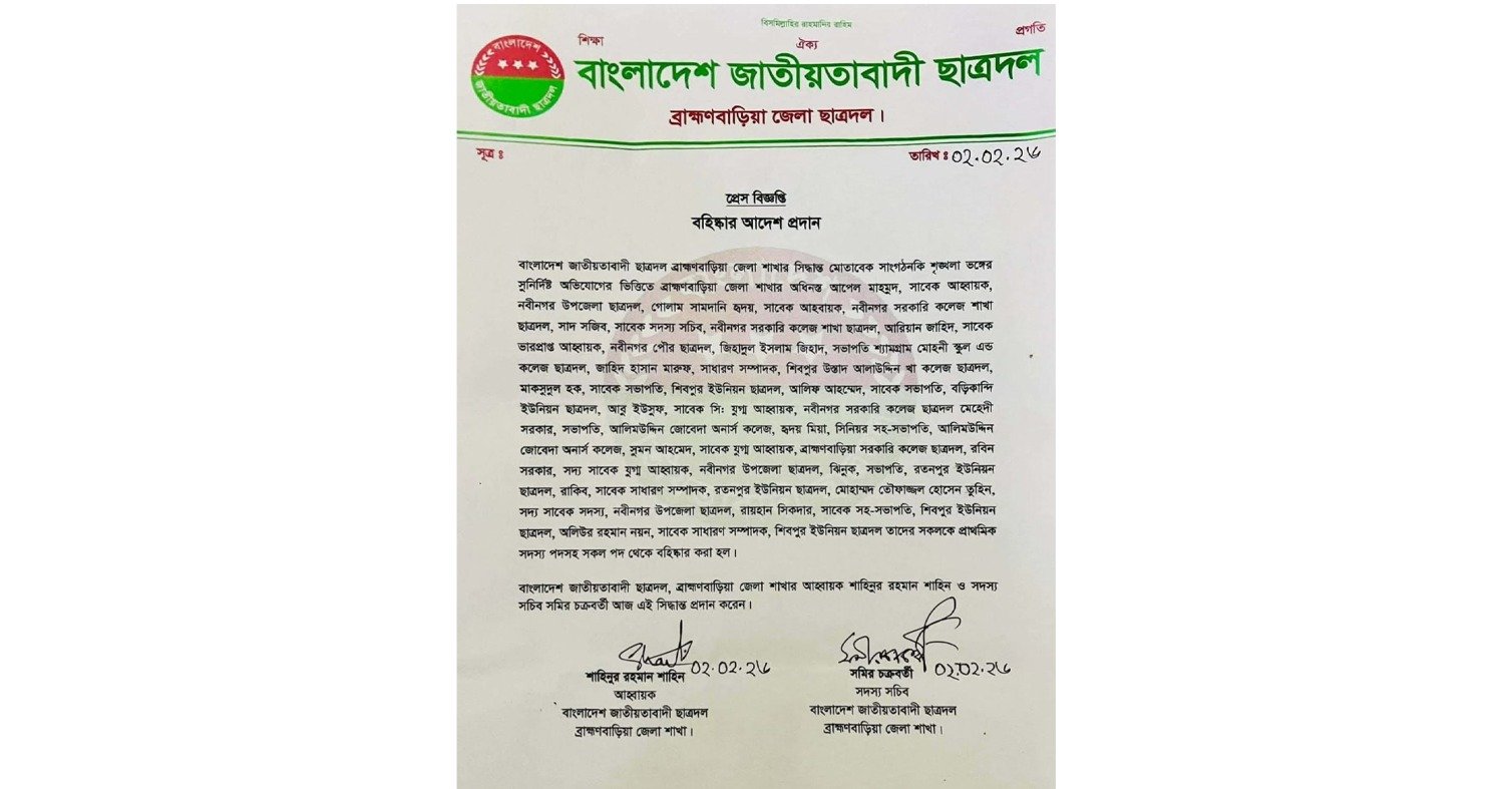 নবীনগরে ছাত্রদলের একাধিক কমিটির ১৮ নেতাকর্মী বহিষ্কার